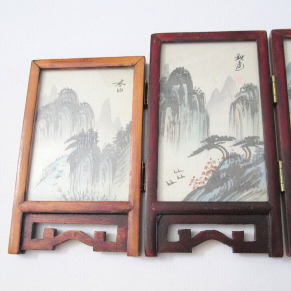 Vintage Miniature Chinese Four Panel Screen Dual Sided Hand Painted Signed 6.5" - Picture 7 of 13
